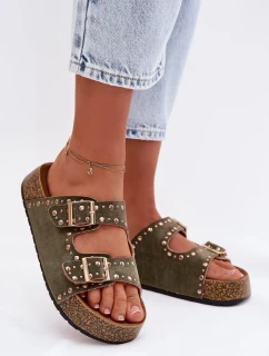 Dámské pantofle se zlatými sponami a knoflíky tmavě zelené model 21960981 - Boto