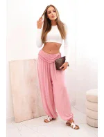 Dámske viskózové nohavice so širokými nohavicami a volánmi tmavoružové