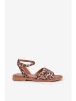 Dámske kožené sandále Zazoo 3688 Brown s plochým leopardím podpätkom