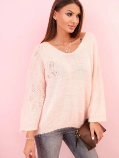 Dámský svetr z mohéru volného střihu s výstřihem do V pudrově růžový