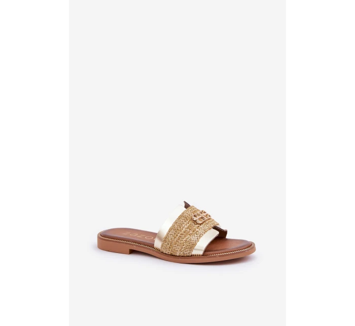 Skórzane Klapki Z Ozdobnym Detalem I Plecionką Zazoo 40426 Złote
