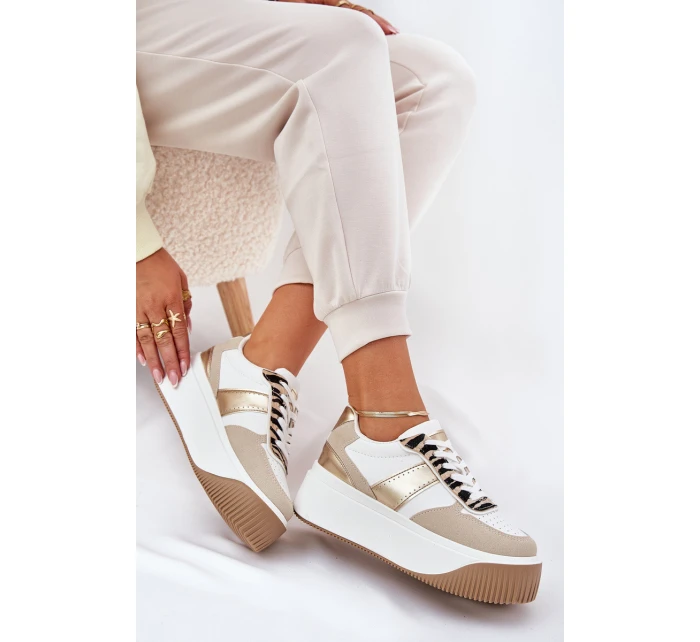 Sneakersy Damskie Na Masywnej Platformie Zwierzęcy Wzór Beżowo-Złote Telanila