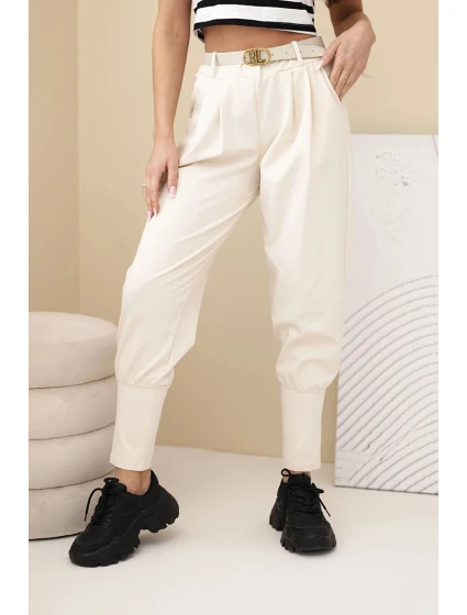 Dámské bavlněné kalhoty s vysokým pasem a páskem béžová