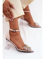 Lodičky na podpatku s lesklým zdobením model 22126165 Béžové - VINCEZA