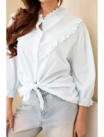 Dámske bavlnené tričko s čipkou a kravatami modré