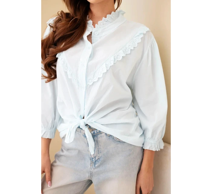 Dámske bavlnené tričko s čipkou a kravatami modré