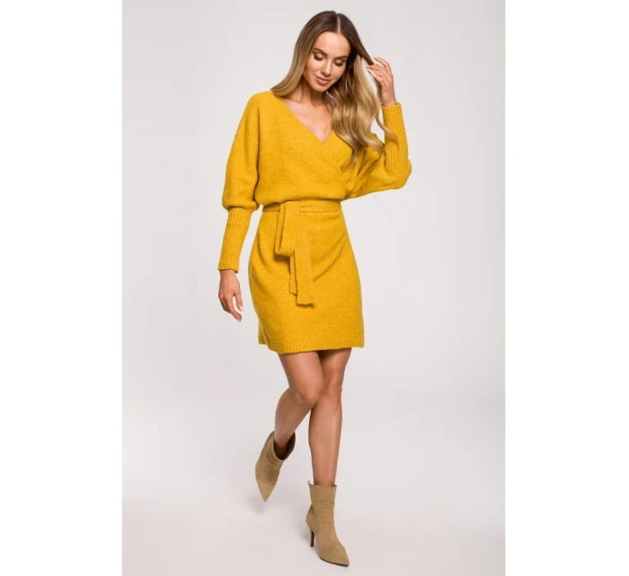 M631 Zavinovacie svetrové šaty s viazaním - medové M631 Zavinovacie svetrové šaty s viazaním - medové