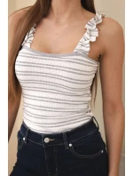 Dámska rebrovaná pruhovaná blúzka s volánom sivá