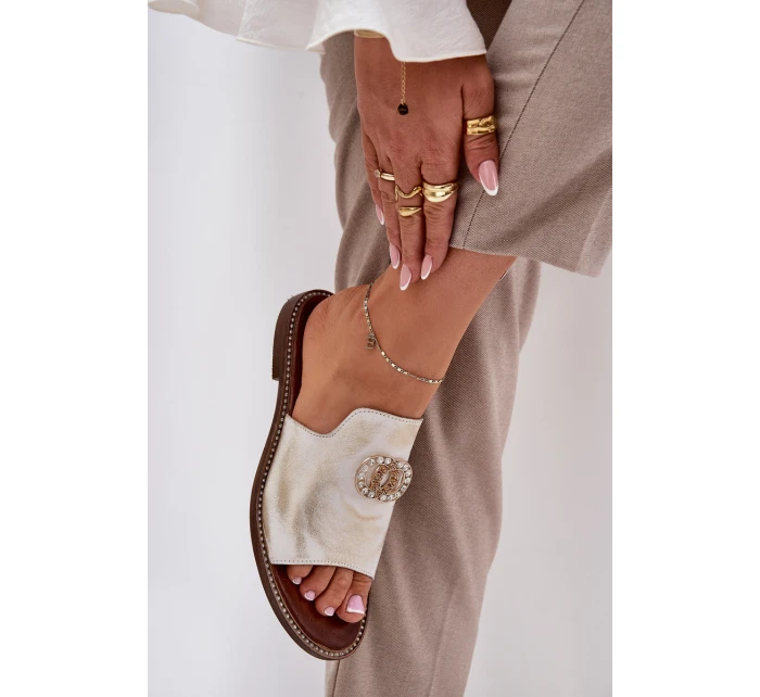 Elegantní Dámské Kožené Pantofle S Dekorací  Zlatý model 21686276 - Zazoo