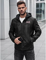 Pánska zateplená bunda z ekokože s kapucňou, čierna, FashionStreet TX5147