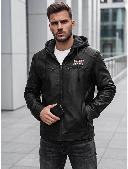 Pánska zateplená bunda z ekokože s kapucňou, čierna, FashionStreet TX5147
