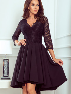 Čierne dámske šaty s dlhším zadným dielom as čipkovaným výstrihom model 7776696