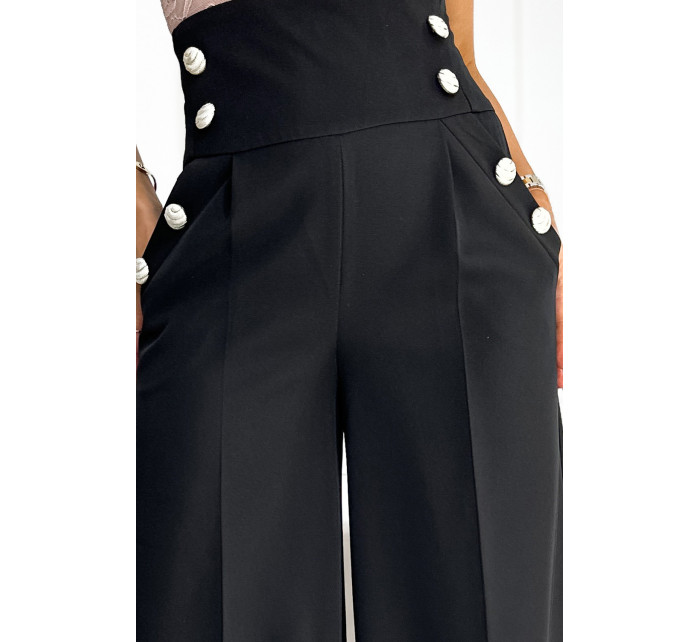 Elegantné čierne dámske široké nohavice s vysokým pásom a zlatými gombíkmi 496-1