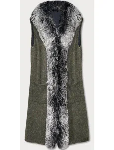 Dlhá vesta v khaki farbe s kožušinou (F51010-4)