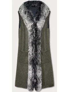 Dlhá vesta v khaki farbe s kožušinou (F51010-4)