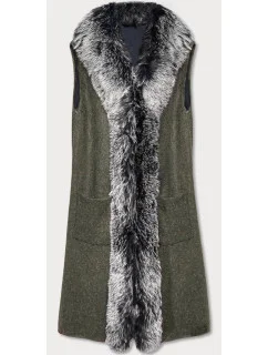 Dlhá vesta v khaki farbe s kožušinou (F51010-4)