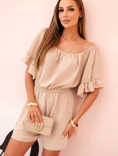 Dámsky bavlnený overal bez rukávov so zaväzovaním v páse ecru