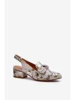 Damskie Skórzane Sandały Na Niskim Obcasie W Kwiaty Maciejka N6539-38 Zielone