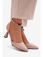 Lodičky na podpatku s lesklým páskem model 22126207 Béžové - VINCEZA