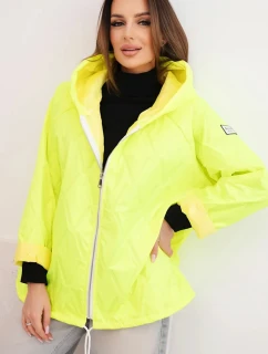 Dámska jarná prešívaná bunda s kapucňou a zipsom žltá neónová