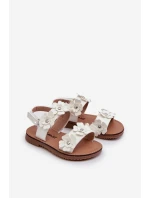 Lakierowane Sandałki Dziecięce Ozdobione Kwiatkami Białe Tinette