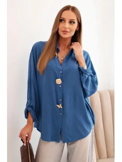 Dámska košeľa z viskózy s ozdobnými gombíkmi a džínsovým golierom modrá