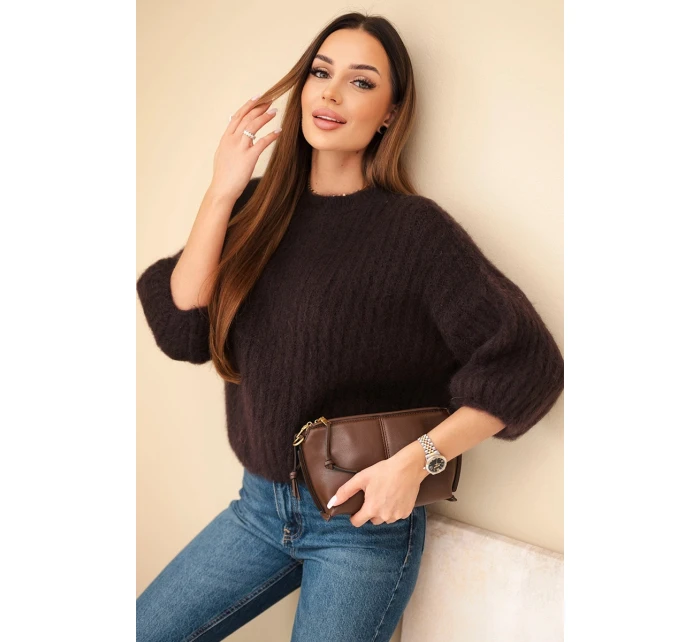 Dámsky mohérový sveter s krátkymi rukávmi hnedý