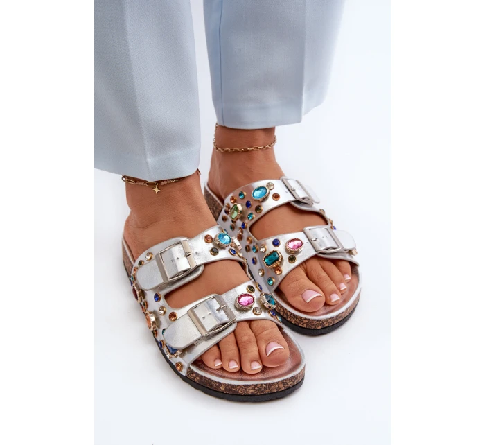 Zdobione Klapki Damskie Z Klamrami S.Barski MY121 Srebrne