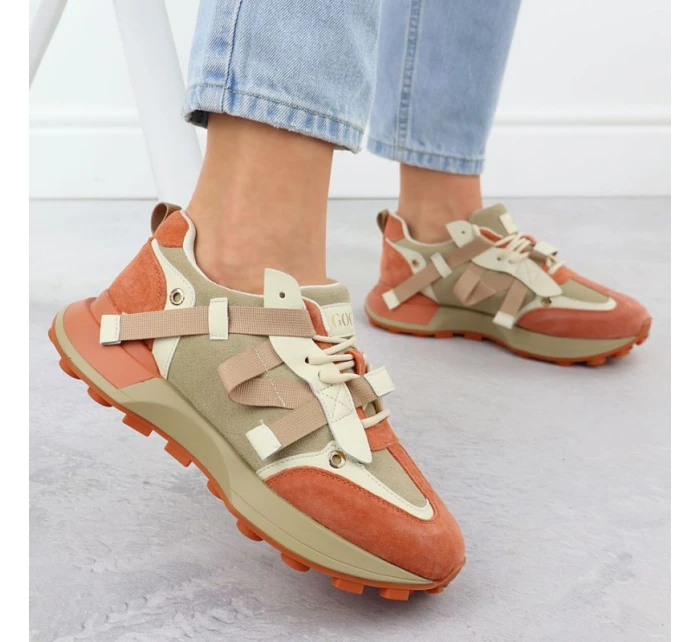 Dámské kožené tenisky béžové a oranžové model 21904648 - Goe