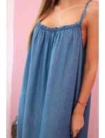 Dámské šaty na ramínka s volánem model 21130190 denim - K-Fashion Dámské šaty na ramínka s volánem model 21130190 denim - K-Fashion
