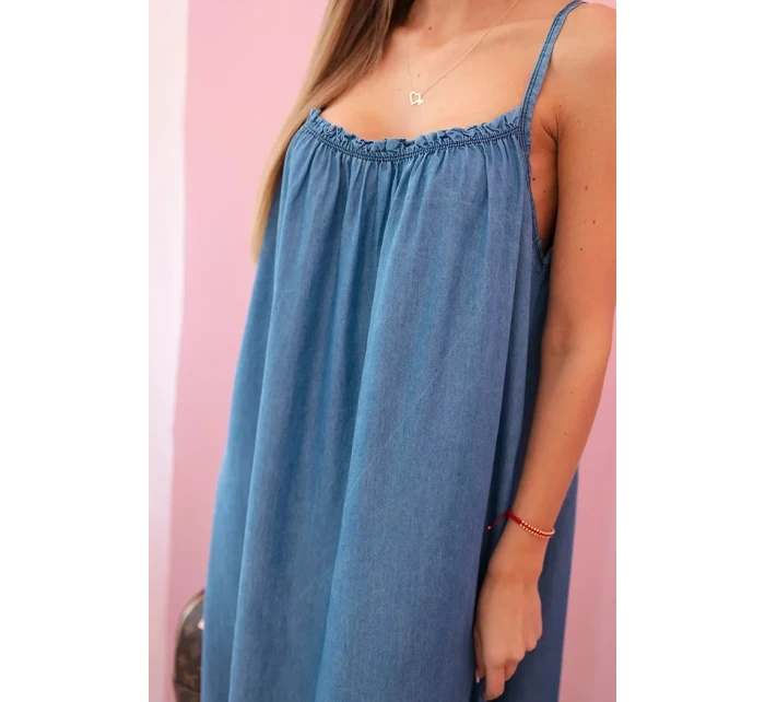 Dámské šaty na ramínka s volánem model 21130190 denim - K-Fashion Dámské šaty na ramínka s volánem model 21130190 denim - K-Fashion