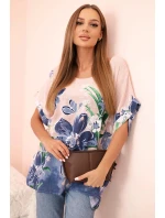 Dámská bavlněná blůza s květinovým potiskem a krátkým rukávem pudrově růžová