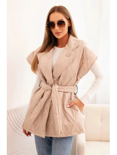 Dámská prošívaná vesta s páskem a širokým límcem tmavě béžová
