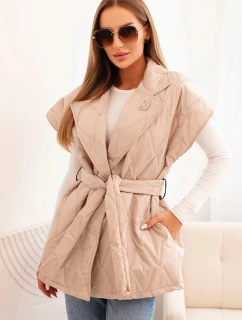 Dámská prošívaná vesta s páskem a širokým límcem tmavě béžová