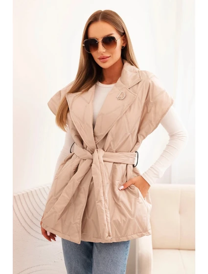 Dámská prošívaná vesta s páskem a širokým límcem tmavě béžová