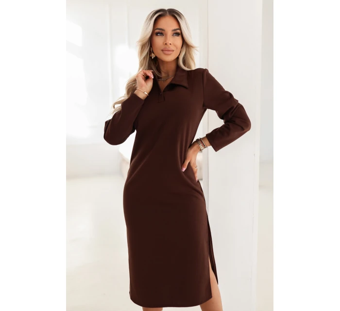 model 21884014 Elegantní midi šaty s límečkem a bočním rozparkem čokoládové - numoco basic