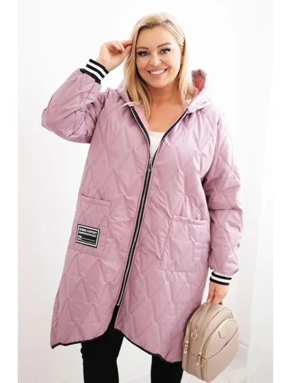Dámska prešívaná bunda s kapucňou a športovými manžetami v tmavoružovej farbe