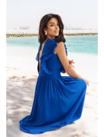 367-3 YANA Midi šaty so skladanými volánmi a výstrihom - chrpová