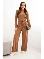 Dámsky viskózový komplet s blúzkou a širokými nohavicami camel