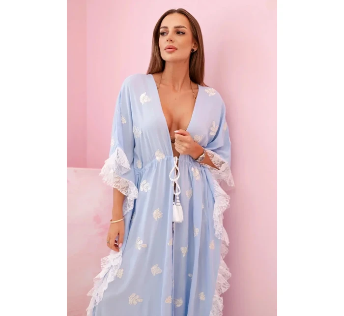 Dámsky boho plášť z viskózy s čipkou modrý