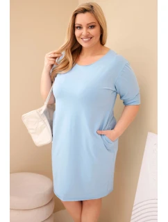 Dámske plus size šaty s bavlnou v jednoduchom strihu a 3/4 rukávmi modrej farby