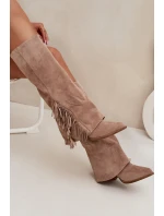 Dámske kovbojské čižmy Zalia s strapcami na podpätku - béžové Dámske kovbojské čižmy Zalia s strapcami na podpätku - béžové