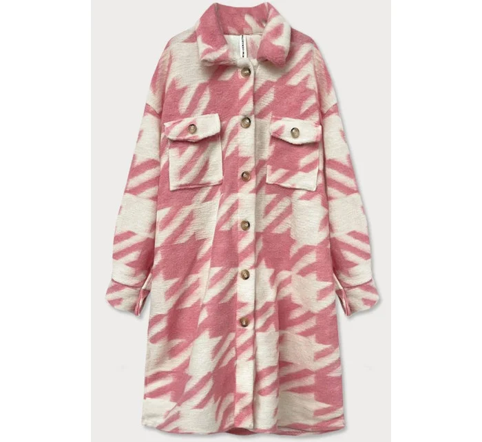 Ružový dámsky košeľový kabát s pepitovým vzorom (2099)