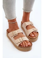 Damskie Klapki Na Platformie Z Klamrami Beżowe Lolpey