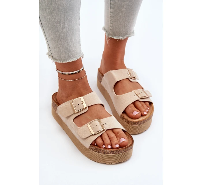 Damskie Klapki Na Platformie Z Klamrami Beżowe Lolpey