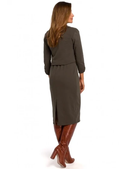 model 18002245 Pletené šaty s výstřihem do V olivové - STYLOVE