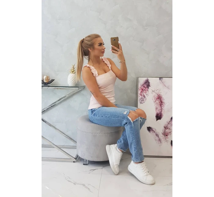 Blúzka bez ramienok s volánikmi, púdrovo ružová