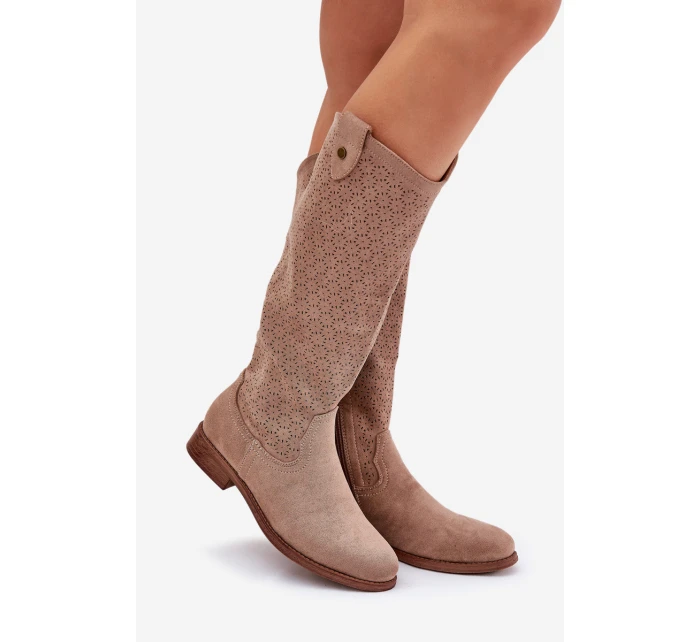 Kozaki Na Płaskim Obcasie Z Ażurowym Wzorem S.Barski HY51-062 Beżowe