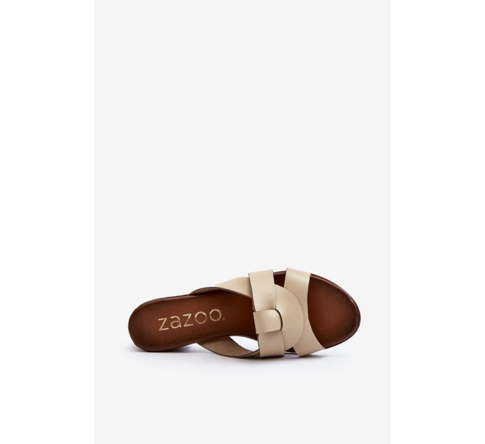 Zazoo 40236 Skórzane Klapki Damskie Na Niskim Obcasie Beżowe