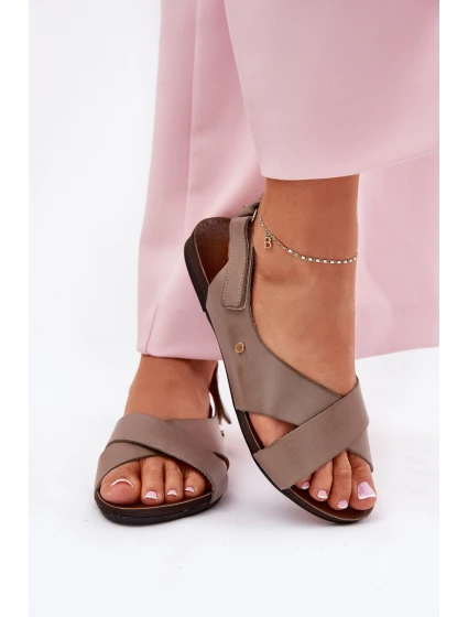 Kožené sandály na suchý zip tmavě béžové model 21694316 - Zazoo